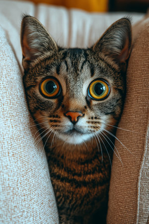A cat cozily tucked between cushions, with bright eyes peeking out, surrounded by soft texturesの素材