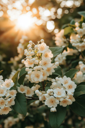 Sunlit jasmine flowers with soft white petals and green leaves set against a warm blurred backgroundの素材
