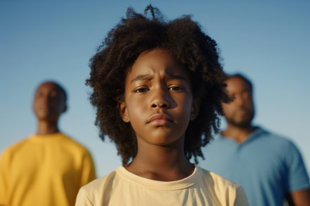 Young girl with a serious expression stands outdoors in sunlight with two blurred figures behind herの素材