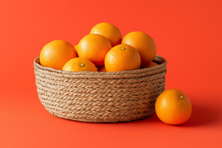 A woven wicker basket filled with bright, round oranges against a vibrant orange backgroundの素材