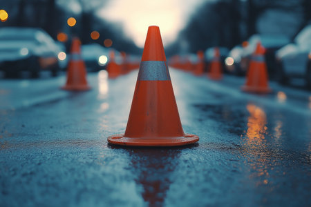 A single orange traffic cone in the middle of a wet urban road, with cars and streetlights in the distanceの素材