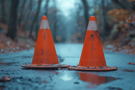 Two orange traffic cones on a wet forest road, surrounded by fallen leaves and reflections on the pavementの素材