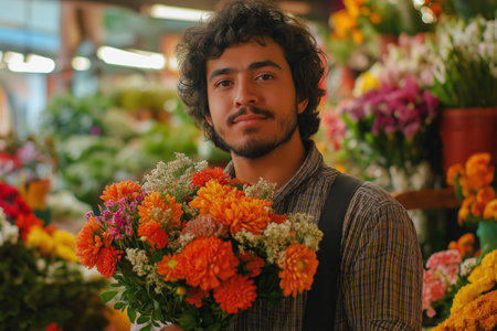 A cheerful man with curly hair holds a vibrant orange and red bouquet in a cozy flower marketの素材