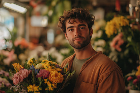 Curly haired man holding a colorful bouquet, standing in a warmly lit flower shop with a soft smileの素材