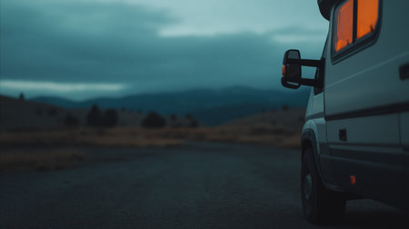 A van parked on a quiet road at dusk, warm light glowing from its window, with mountains beyondの素材