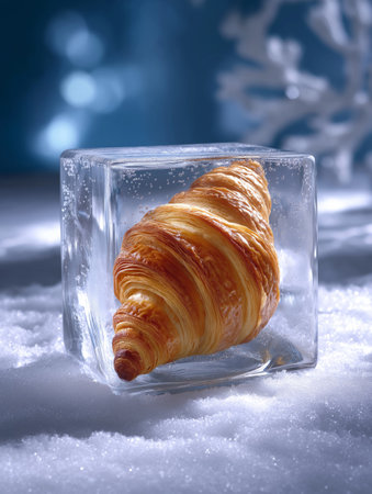 Golden croissant encased in a transparent ice cube, resting on snowy ground under frosty lightingの素材
