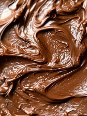Smooth, glossy swirls of rich chocolate frosting, captured in close-up detail with a creamy textureの素材