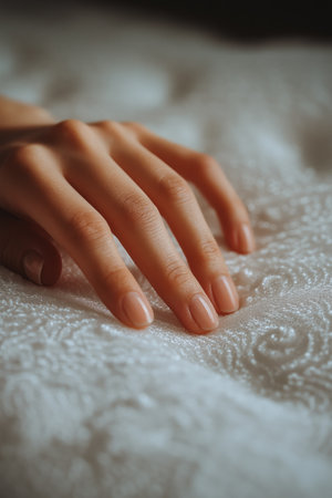Close up of fingers pressing into a plush quilted mattress, emphasizing softness and comfortの素材