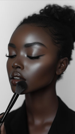 Elegant close up of a woman with dramatic makeup, a brush gently touching her cheekの素材