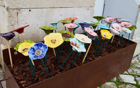 Ceramics for sale on the street market in Nazare. Authentic traditional portuguese souvenirsの写真素材