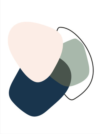 Overlapping abstract shapes in beige, green, and navy outlined with a thin curved black line.のイラスト素材