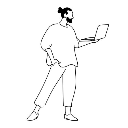Outline of a bearded man with a bun holding a laptop in one hand and resting the other in his pocketのイラスト素材
