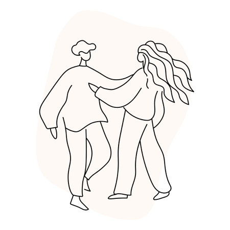 Minimal line drawing of two people standing together, one with flowing hair reaching toward the other.のイラスト素材