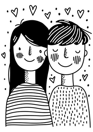 Hand-drawn couple smiling with closed eyes surrounded by small hearts and dotted background.のイラスト素材
