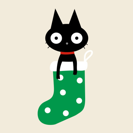 Black cat with wide eyes peeking out of a green polka dot stocking on a beige background.のイラスト素材
