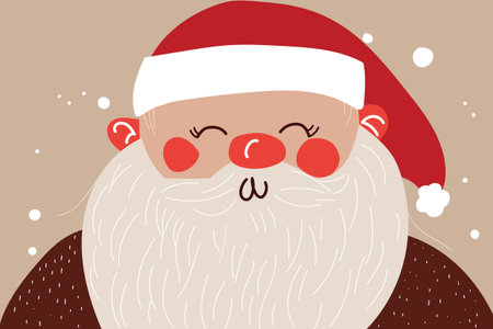 Close-up of a cheerful Santa Claus face with rosy cheeks, white beard, and red hat.のイラスト素材