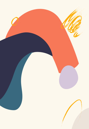 Bold curved abstract forms in coral, navy, teal, and yellow with playful brush accentsのイラスト素材
