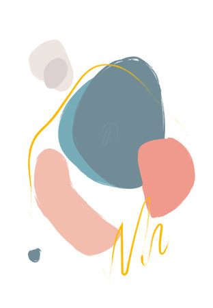 Layered abstract shapes in blue, peach, and yellow with light textured brush strokes.のイラスト素材