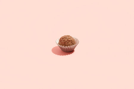 Typical Brazilian sweet brigadeiro. One cocoa candy on a pink backgroundの写真素材