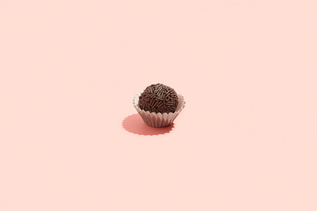 Typical Brazilian sweet brigadeiro. One candy with chocolate sprinkles on a pink backgroundの写真素材