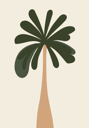 Stylized palm tree with dark green leaves and beige trunk on light background in flat styleのイラスト素材