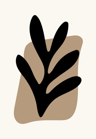 Stylized black leaf with curved branches over a brown organic shape on light beige backgroundのイラスト素材