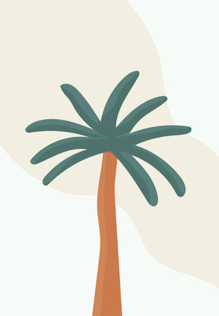 Palm tree with teal green leaves and brown trunk on soft beige abstract backgroundのイラスト素材