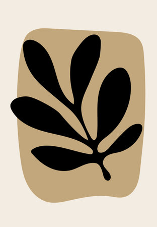 Black abstract botanical shape with rounded leaves on brown background in minimalist compositionのイラスト素材
