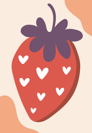 Red strawberry with white heart-shaped seeds and dark purple leaves on a beige backgroundのイラスト素材