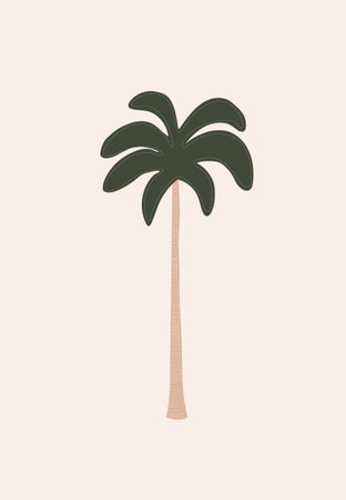Tall palm tree with dark green leaves and straight brown trunk on beige backgroundのイラスト素材