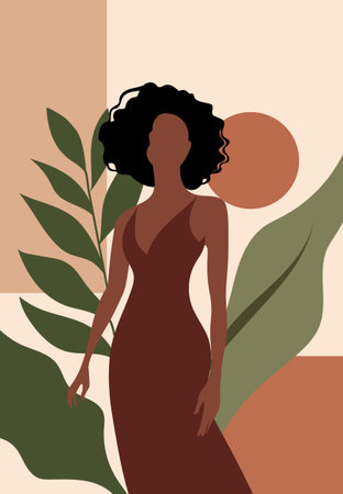 Woman with curly hair in brown dress standing among large green leaves and abstract shapesのイラスト素材