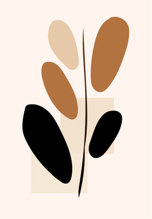 Thin branch with black and brown oval leaves on soft beige background in abstract compositionのイラスト素材
