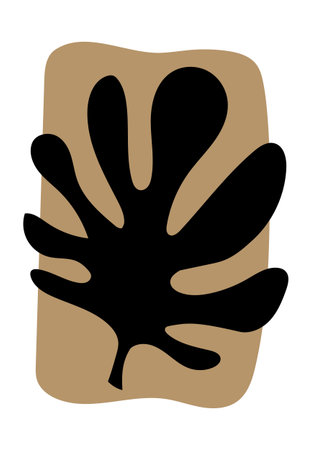 Black abstract leaf silhouette placed over a brown irregular rectangular shape on beige backgroundのイラスト素材