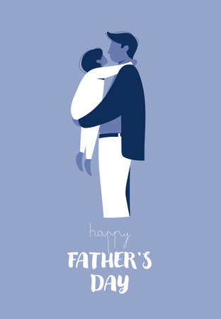 Stylized blue illustration of a father standing and holding a small child in his arms.のイラスト素材