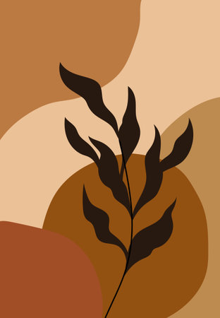 A dark leafy branch silhouette set against abstract curved shapes in brown tones.のイラスト素材