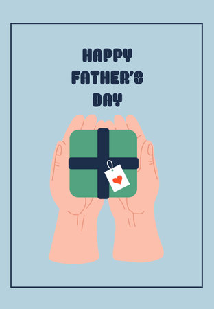 Two open hands holding a green square gift box with a heart tag on a light blue background.のイラスト素材