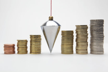 Plumb bob with coin stacks on white background
