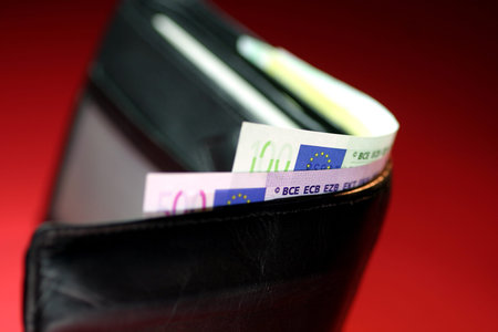 Wallet with euro bank notes on red background 