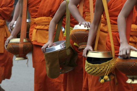 monks in Loung phabang, lao の写真素材