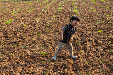 Indian cute baby boy walking in farmの写真素材