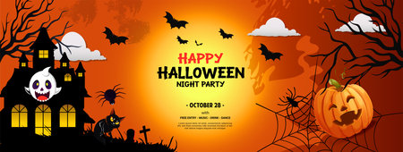 Halloween banner design with pumpkins, bats, cemetery and haunted house. Vector illustration.のイラスト素材
