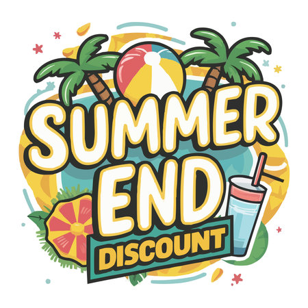 Summer end design with beach ball, cocktail and palm trees, vector illustrationのイラスト素材