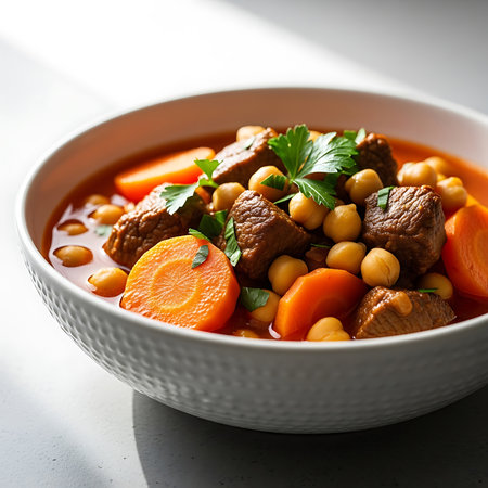 Delicious beef chickpea and carrot stew in a rustic white bowl garnished with fresh parsley healthy mealの素材