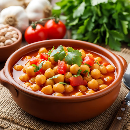 Authentic chickpea stew, vibrant with fresh tomatoes and aromatic cilantro, served in a rustic brown ceramic bowl, healthyの素材