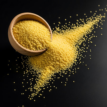 Couscous spilling from wooden bowl. Healthy meal preparation, raw ingredient, grain food product, traditional cooking.の素材