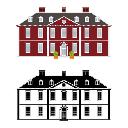 Mansion in 18th century Queen Anne style, color and black monochrome version on different layersのイラスト素材