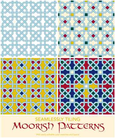 Set of four seamlessly tiling moorish patterns  Easily editable with layers and color swatches のイラスト素材