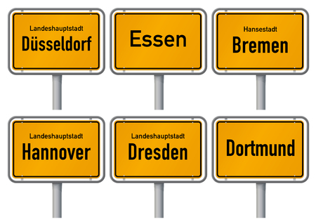 City limits signs of major german cities, Part 2  Vector illustration of city limits signs of six big cities in Germany - Dusseldorf, Essen, Bremen, Hannover, Dresden and Dortmund - with realistic shading and official typeface and proportions のイラスト素材