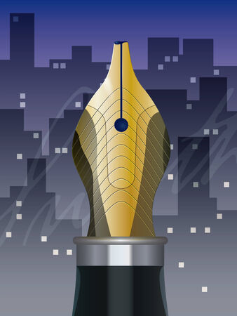 Golden nib of fountain pen in front of night city skyline vector illustrationのイラスト素材