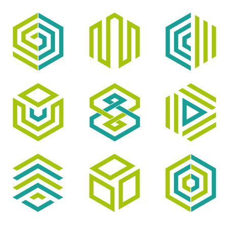 Abstract hexagon shaped vector design elements, teal and greenのイラスト素材